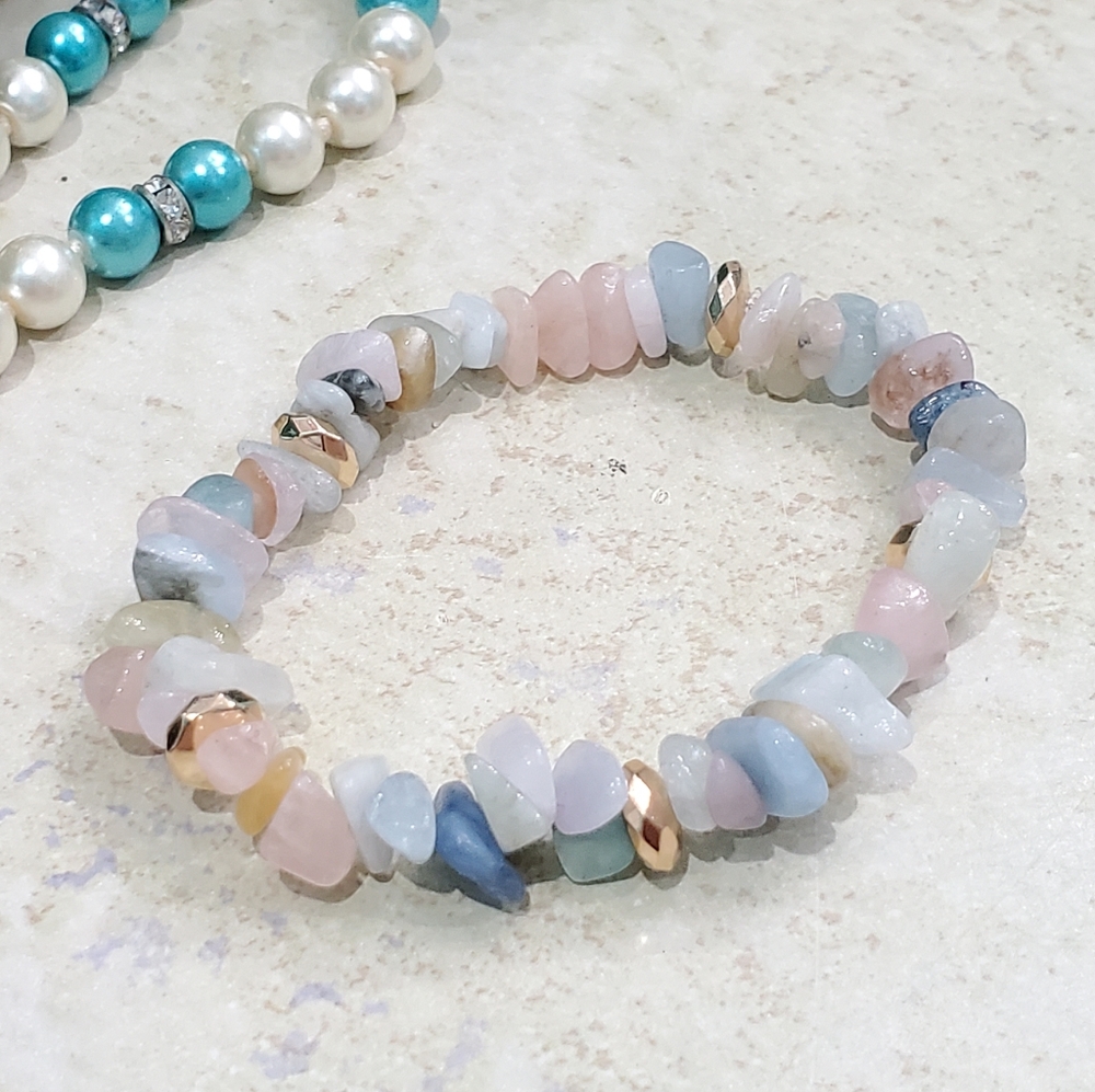 Genuine Morganite Beryl & Hematite Stone Bracelet - Picture 3 of 12